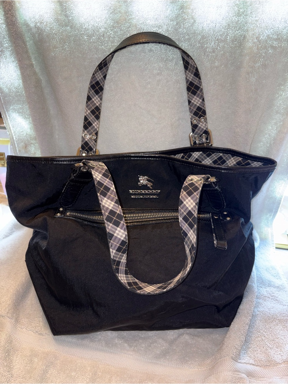 Burberry Black Tote with Gray Plaid Trim Authentic